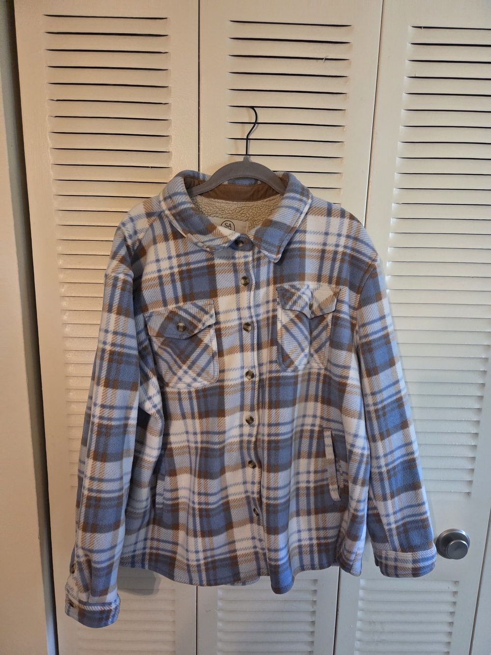Cozy Plaid Teddy-Lined Jacket in Blue, White & Brown - Women’s Overshirt